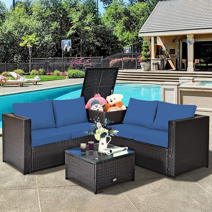 Tangkula 4 Piece Wicker Patio Set with Storage, All Weather-Proof Outdoor Conversation Set, with Loveseat, Coffee Table & Storage Box, Suitable for Garden, Poolside, Sunroom (1, Navy Blue)