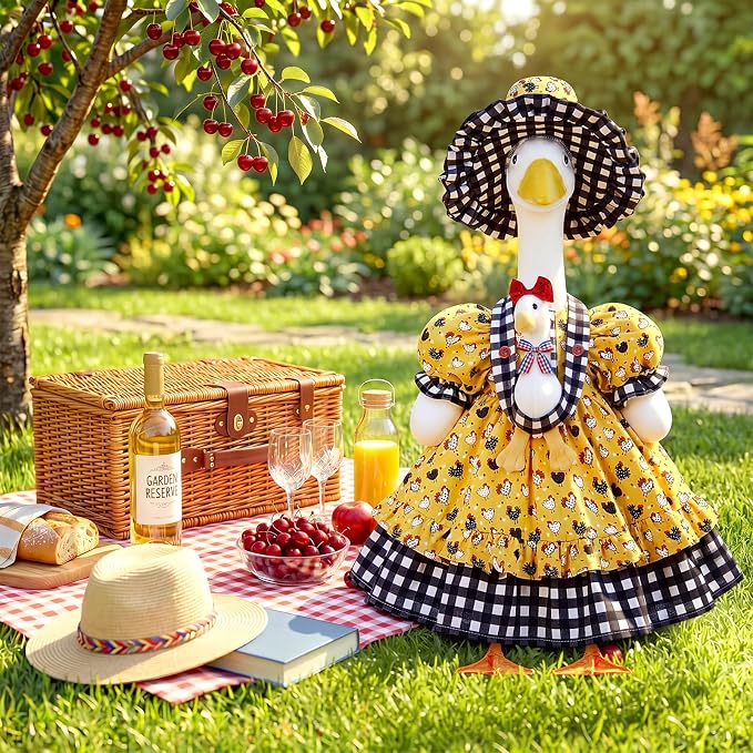 Porch Goose Outfit Set for 23 Inch Goose Statue, Spring Yellow Lolita Dress with Hat and 3D Baby Apron, Rustic Farmhouse Easter Summer Patio Yard Lawn Decor