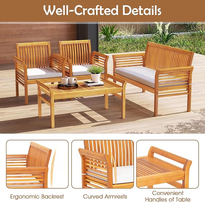 HAPPYGRILL 8 Pieces Acacia Wood Patio Conversation Set, Outdoor Wood Furniture Set with Seat Cushions, Wicker Sofa Chairs & Coffee Table for Garden Poolside Deck (2)