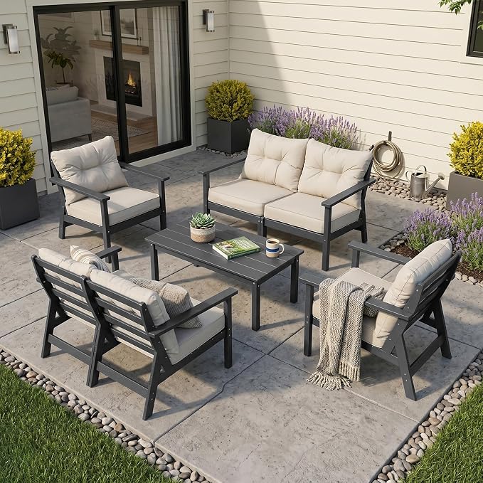 HDPE Patio Conversation Set 6 Seats, Outdoor Furniture Set, Patio Sofa Set | Water-Resistant Thick Cushion, HDPE All Weather, Wood-Grain, No Rot or Rust or Crack, UV Fade Shield, Easy-Clean for Outside