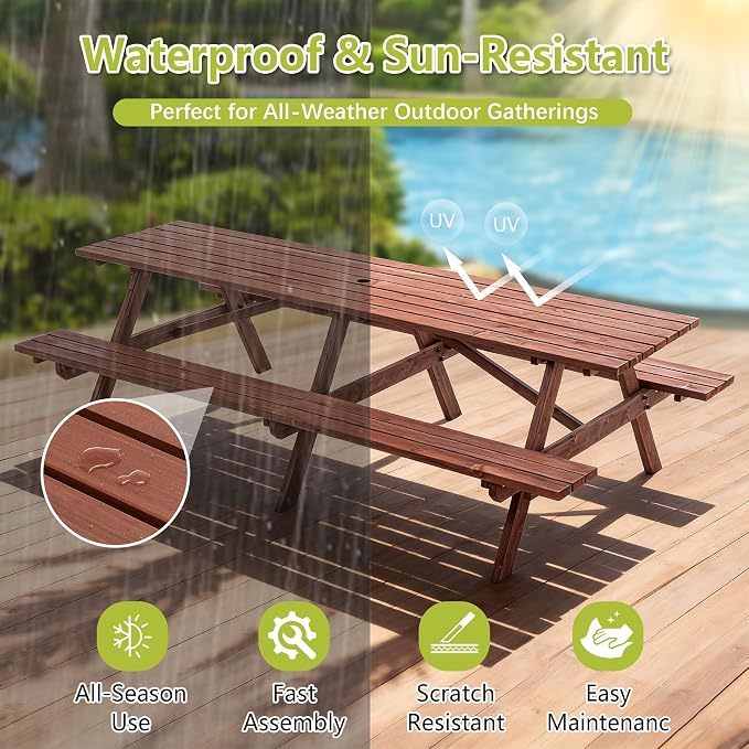 12-Person Picnic Table Set, 95-Inch Extra Large Outdoor Wooden Table with Benches & Umbrella Hole, Rustic Brown Patio Furniture for Garden, Backyard (Brown, 94.5")