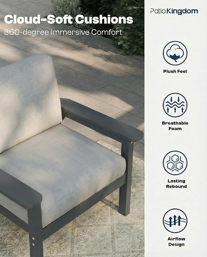 7 Piece Patio Conversation Sets, Outdoor Couch with Washable Thick Gray Cushions, HDPE Patio Furniture Set, Outdoor Sectional Furniture for Backyard, Deck, Lawn, Porch (Grey Frame)