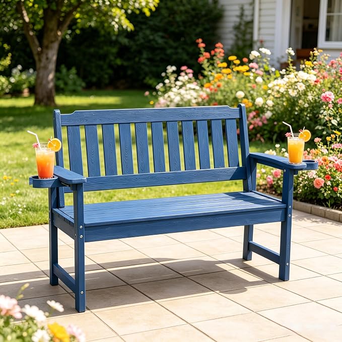 Outdoor Wooden Bench, 2-Person Garden Bench with Backrest and Armrests,Long Loveseat Bench for Garden,Porch,Courtyard, Home.(Blue)