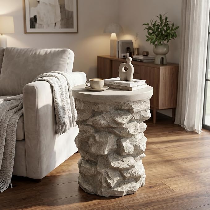 Round Outdoor Concrete Side Table, Cylinder Patio End Table, Faux Stacked Stone Accent Table with Wave for Indoor Outdoor, Garden Stool Coffee Table for Patio, Garden, Backyard - 16.42" Grey MgO