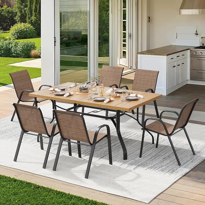 Soohow Outdoor Dining Set for 6, Outdoor Patio Dining Set 6 x Stackable Chairs & 1 x Wood-Like Outdoor Table with Umbrella Hole, All-Weather Patio Table and Chairs for Poolside, Backyard and Porch