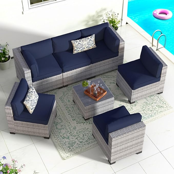 7 Piece Patio Furniture Set, Rattan Outdoor Patio Conversation Sets, Outdoor Sectional Furniture with Thickened Cushion and Coffee Table, for Deck, Backyard, Garden, Off-White & Dark Blue