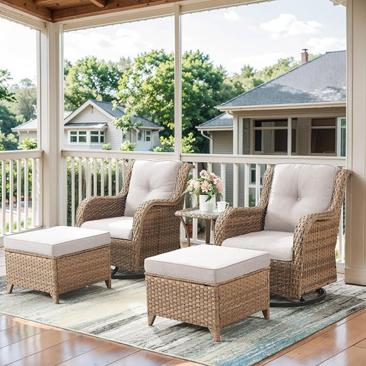 Belord 5 Piece Wicker Patio Furniture Set, Outdoor Swivel Rocker Chairs Set of 2 with Ottomans and Side Table, All Weather Patio Conversation Furniture Set, for Porch Pool, Yellow Wicker/Beige