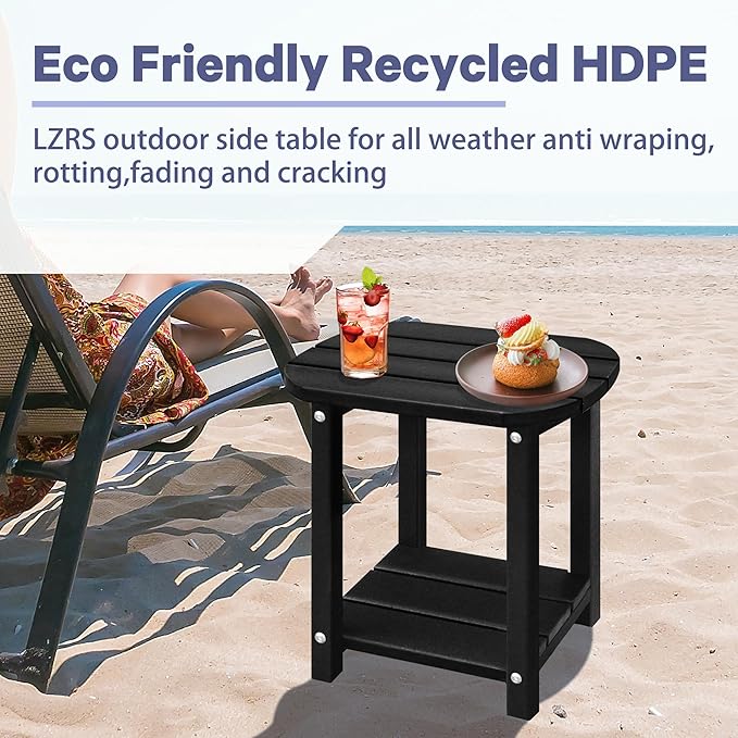 LZRS Patio End Table, Heavy Duty HDPE Outdoor Coffee Table with Wood Texture, Weatherproof Composite Table for Adirondack Chairs, Deck, Pool, Indoor/Outdoor, No Peeling Cracking(Black)