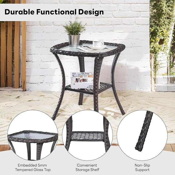 Belord Rattan Patio Side Table, 2 Tier Hand Woven Wicker Bistro Table, 5 mm Frost Glass Top Square Table, Brown Wicker