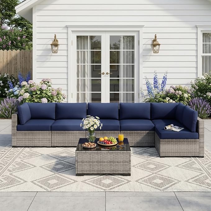 Patio Furniture Set 7 Pieces Conversation Set Wicker Outdoor Sectional Sofa,Ergonomic Armrests Couch with Cushion and Glass Table (Grey White-Navy, 7 Piece-Single)