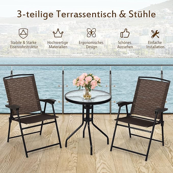 SPSUPE 3 PCS Outdoor Patio Set, Dining Furniture Set with Round Table, 2 Folding Chairs, Glass Tabletop, Ideal for Garden Pool Backyard Versatile Bistro Set