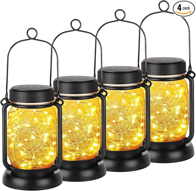 4 Pack Solar Mason Jar Hanging Lantern with Stakes, Warm White | Solar Fairy String Lights, Vintage Glass Lamp, Waterproof, Bright, for Indoor Outdoor Halloween Garden Patio Pathway Yard
