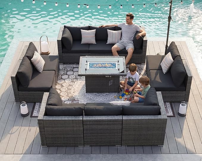 BULEXYARD 11 Piece High Back Outdoor Patio Set with Firepit, Extra Large Backyard Furniture Sectional Couch 10-Seater Modular, XL Big Wide Deep Outside Seating Area for Exterior, Grey & Black