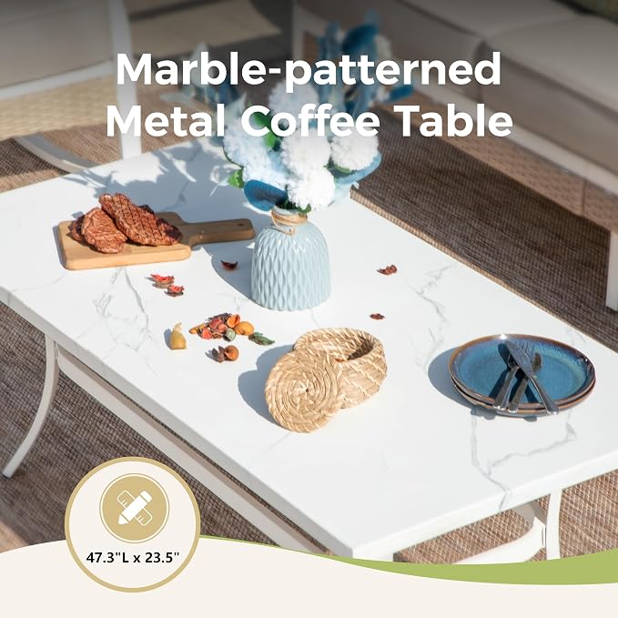 MIXPATIO 6 Piece Patio Furniture Set, 2 x Fixed Chair, 2 x Rocking Chair, 1 x 3-Seat Sofa with Marbling Coffee Table, All Cushioned 7 Seats Outdoor Conversation Set, Beige