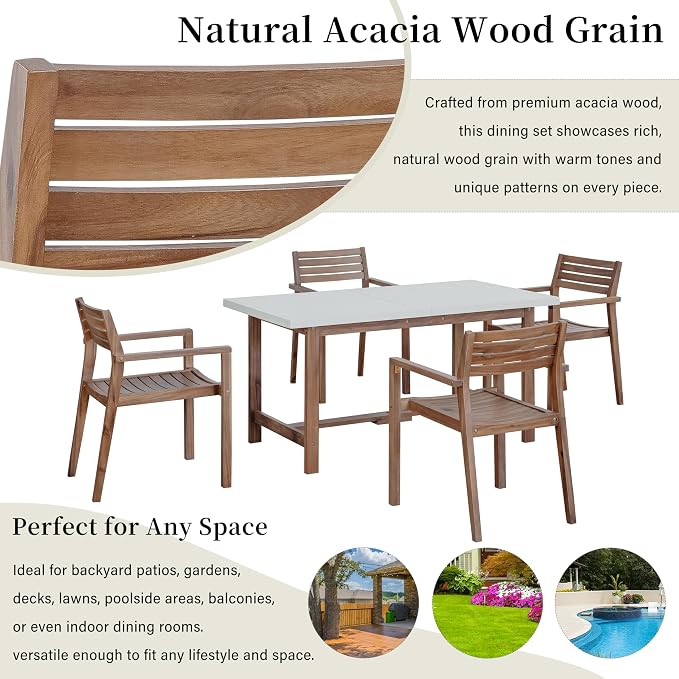 5 Piece Outdoor Dining Set for 4, 59.06" Rectangular Table with Umbrella Hole and 4 Chairs, Acacia Wood Dining Set for Patio, Lawn, Garden, Poolside & Indoor Use, Light Brown+Light Grey