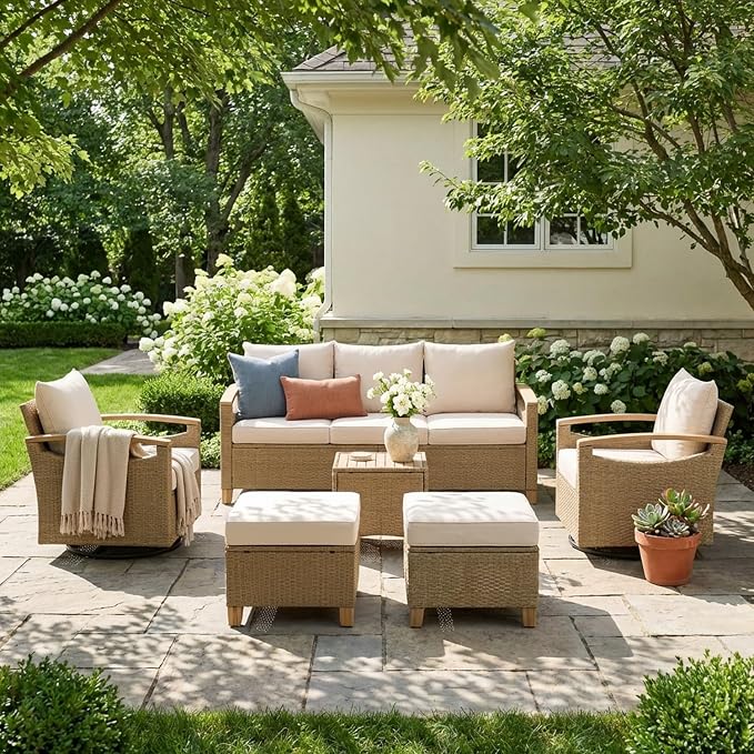 SUNSITT 6 Pieces Outdoor Furniture Set, Patio Wicker Conversation Sets with Swivel Chairs, Outdoor Sofa Set with 2 Ottomans, Beige Cushion