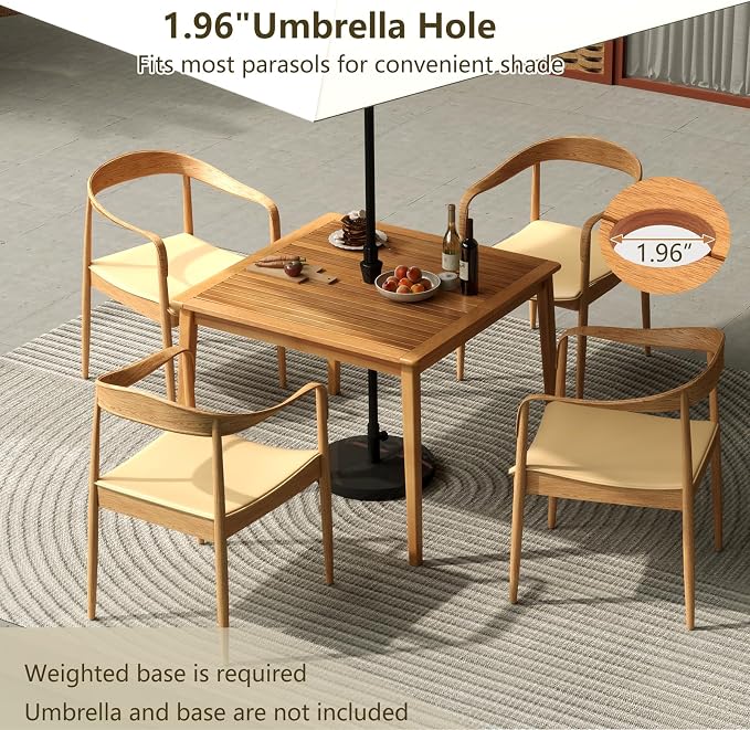 RELAX4LIFE Wooden Outdoor Dining Table for 4, 40" Square Acacia Wood Slatted Patio Table w/Umbrella Hole, Indoor Outdoor Bistro Table for Backyard Porch Garden, 4-Person Patio Dining Table