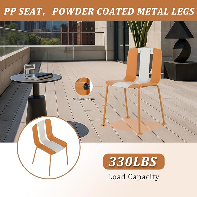 LUMISOL 5 Piece Outdoor Dining Table Set, All Weather Rectangular Table and Chairs Set with Striped Color Block Chairs and Sturdy Metal Legs for Garden, Backyard, Poolside, Beige+Orange+White