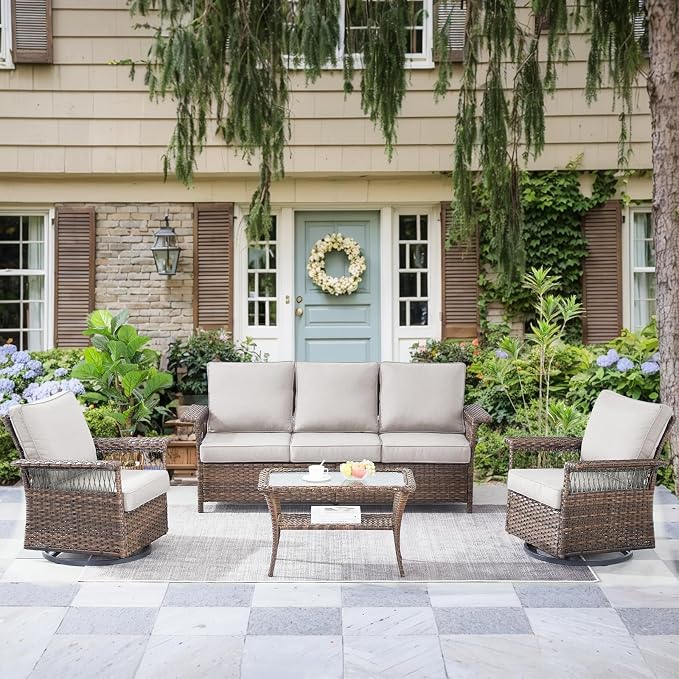 Patio Furniture Set 2 Wicker Swivel Glider Chairs Sofa with PE Rattan Coffee Table Brown Wicker Beige Cushions Patio Conversation Set 4pcs for Garden Balcony Sunroom Backyard