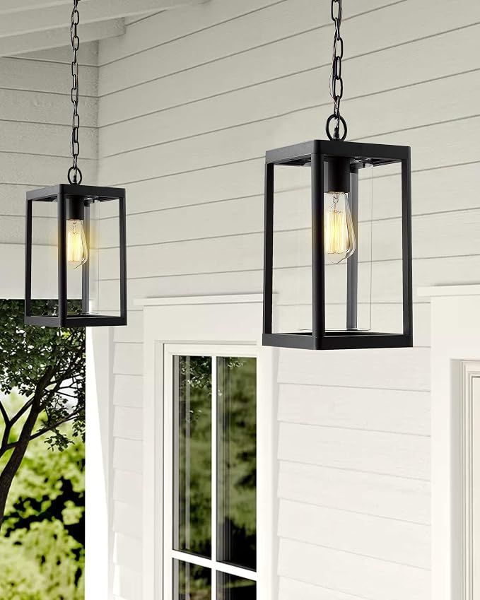 Beionxii Outdoor Pendant Light, Modern Exterior Hanging Porch Lantern | Hardwired 120V, Black Cast Aluminum w/Clear Cylinder Glass (15" x 7.1") for Coastal Pillars, Paths, Porch, A291H-1PK