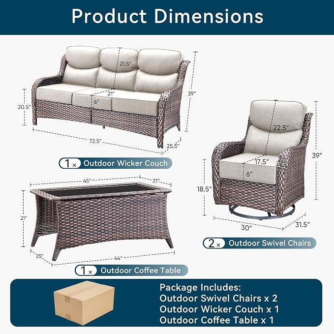 Luxury 4 Pieces Patio Furniture Set-Outdoor Swivel Rocker Patio Chairs with 6" Extra Thick Cushions, High Back Outdoor Couch and Coffee Table, Wicker Conversation Sets for Porch Deck(Brown/Beige)