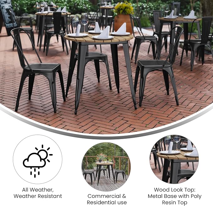 EMMA + OLIVER Drew Dining Table - Brown 30" Round Poly Resin Table Top - Black Steel Base - All-Weather for Indoor/Outdoor Use