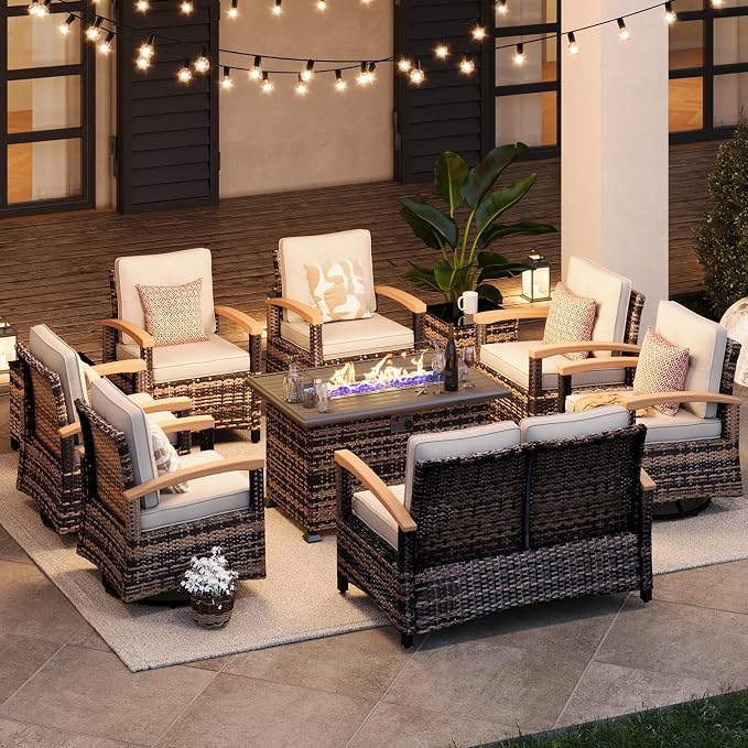 MEISSALIVVE 10 Pieces Patio Furniture Sets with Fire Pit Table, Wicker Outdoor Conversation Sets with 4 Swivel Rocker Chairs, 2 Single Chairs, 2-seat Sofa and Side Table(Beige)