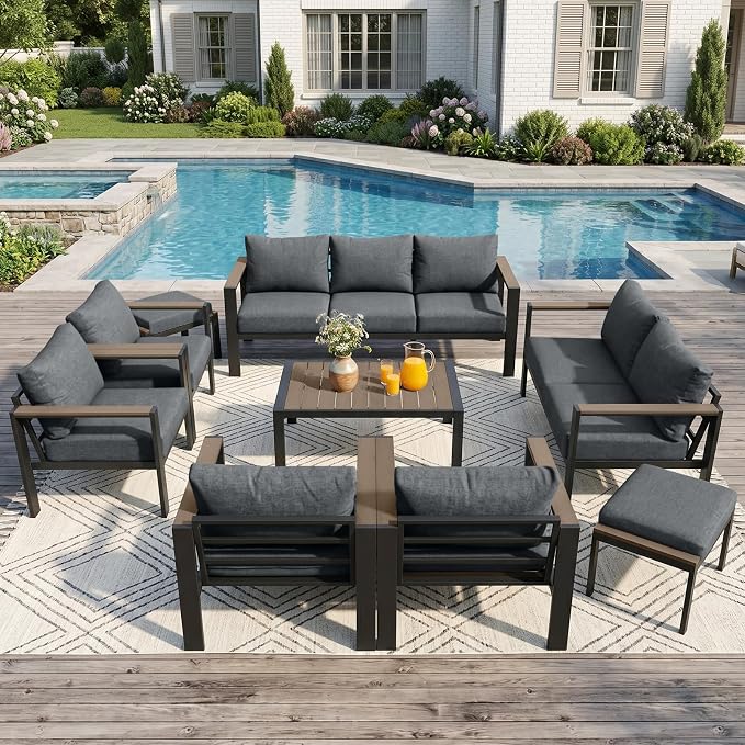 Outdoor Patio Furniture Set 9 Pieces Luxury Aluminum Patio Conversation Set with Coffee Table and 2 Ottoman 11 Seats, Thick Cushions, Large Sectional Sofa for Porch, Balcony, Deck, Yard, Gray
