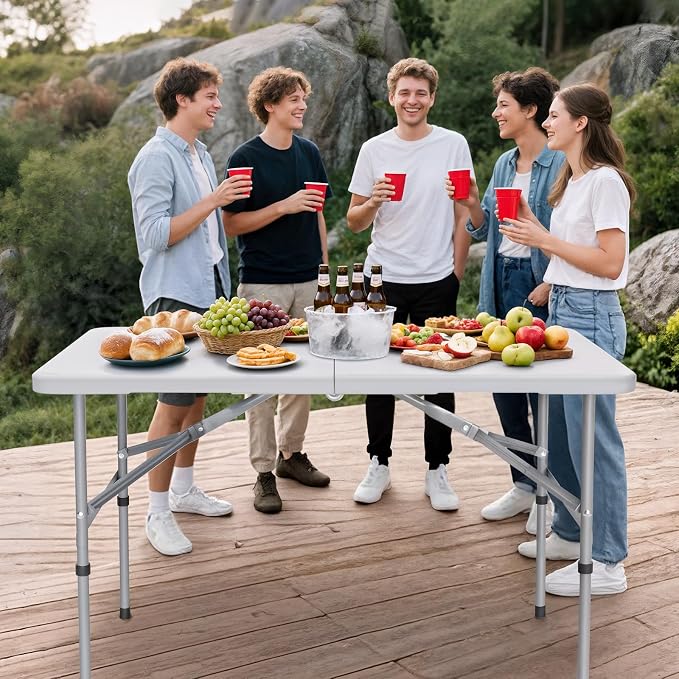 Athena Collection 4ft Folding Table, Lightweight Portable Desk with Handle, Square Foldable Plastic Table for Card Games, Collapsible Dining, Indoor Outdoor Camping Picnic & Party Use, White