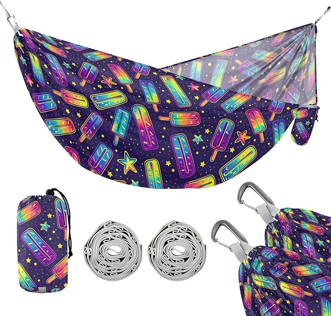 Camping Hammock Outdoor Hammocks for Outside Ice Pop Neon Beach Trees Portable Lightweight with Pockets Tree Straps Indoor