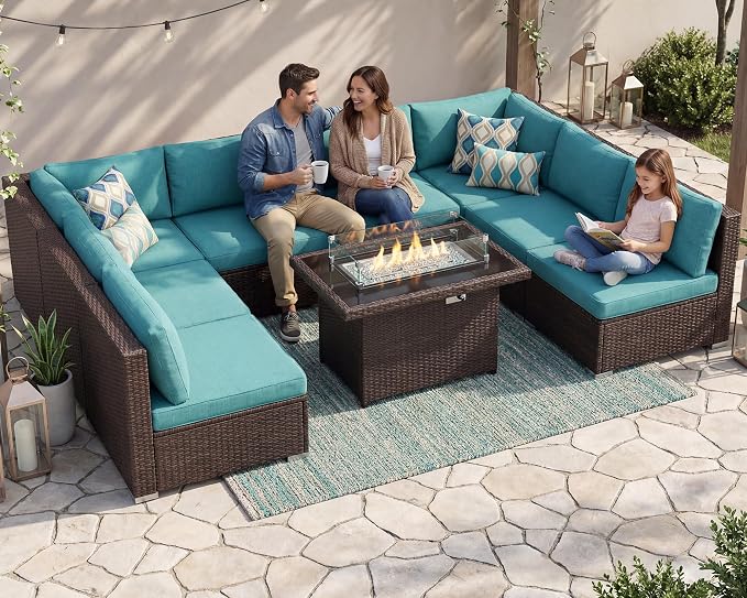 BULEXYARD 9 Piece High Back Outdoor Sectional Couch Set with Fire Pit, Elegant All-Weather Patio Furniture Set, Extra Large Size 8-Person Backyard Seating Group L-Shaped for Yard, Deck, Brown & Teal