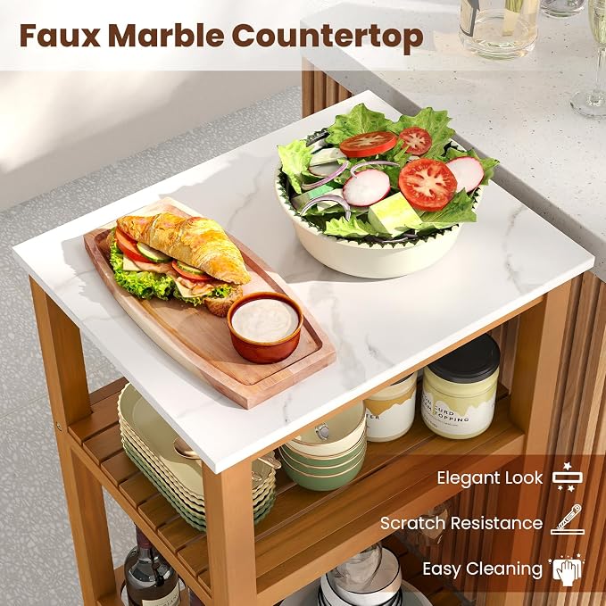 Giantex Acacia Wood Outdoor Side Table, Patio Buffet Cabinet Bar Table with Faux Marble Countertop, Glass & Wine Holders, Patio Storage Cabinet for Garden, Backyard, Kitchen