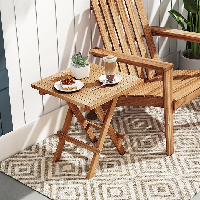 RELAX4LIFE Folding Outdoor Side Table - Teak Wood End Table, 18’’ Square Coffee Bistro Table w/Slatted Tabletop, Portable Picnic Camp Table for Poolside Porch Garden, Foldable Small Patio Table