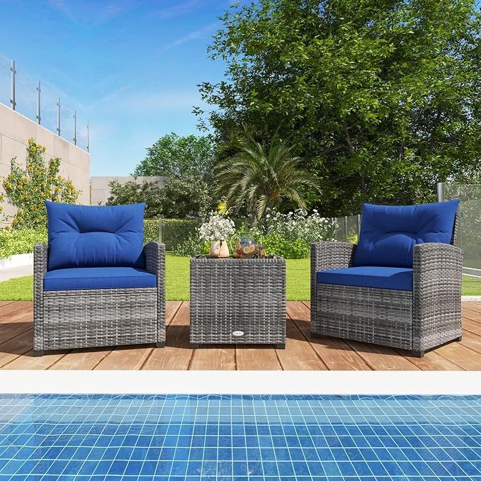 Patio Furniture Set, 3 Pcs Outdoor Wicker Conversation Set with Glass Coffee Table, Patio Chairs w/Washable Cushions, PE Rattan Outdoor Furniture Set for Porch Garden Backyard (Navy)