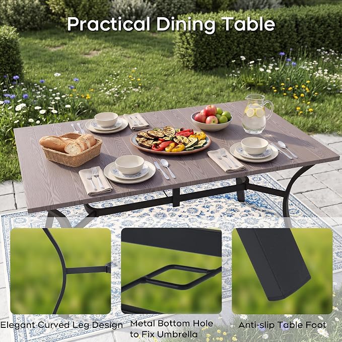 63'' Outdoor Dining Table for 6, Black Metal Patio Dining Table with 1.97'' Umbrella Hole,Anti-Rust Waterproof Square Table for Porch Deck Poolside Garden Backyard