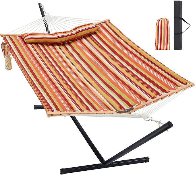 Homgava Two Person Hammock with Stand for Outside Heavy Duty, Outdoor Patio Hammock with Portable Steel Stand, Large Double Hammocks,480lbs Capacity.(Red)
