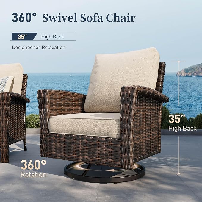 SUNSHINE VALLEY 5 Pieces Patio Furniture Set with Swivel Chairs, High Back Wicker Rattan Sofa with Extra Thick Cushion and Ottoman, Outdoor Conversation Set for Garden Backyard Deck,Beige