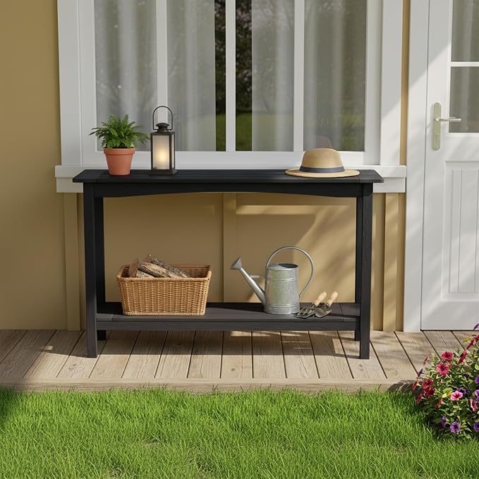 Outdoor Console Table, All-Weather 2-Tier Patio Console Table, Outside Plant Stand Table, Low Maintenance, Never Rot or Fade, HIPS Table for Indoor, Backyard, Garden, Entryway, Black