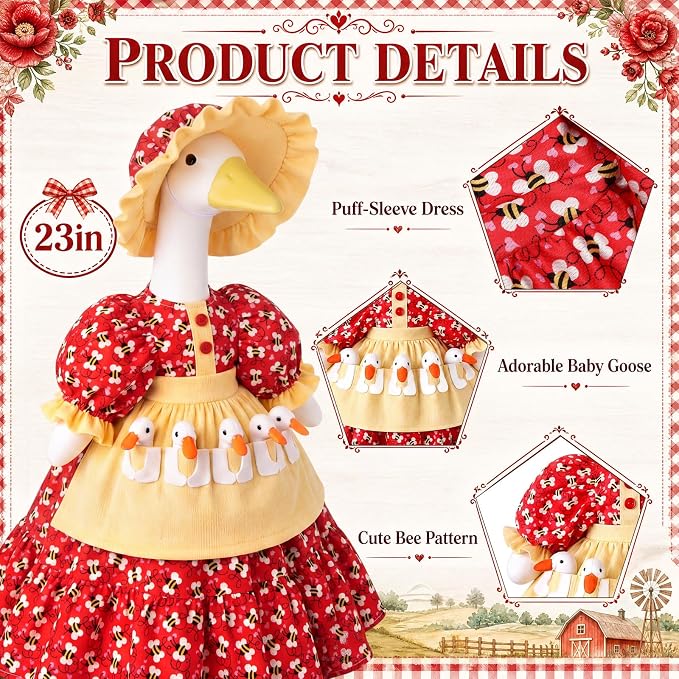 Porch Goose Outfit Set for 23 Inch Goose Statue, Spring Flower Lolita Dress with Hat and 3D Baby Apron, Rustic Farmhouse Easter Summer Patio Yard Lawn Decor