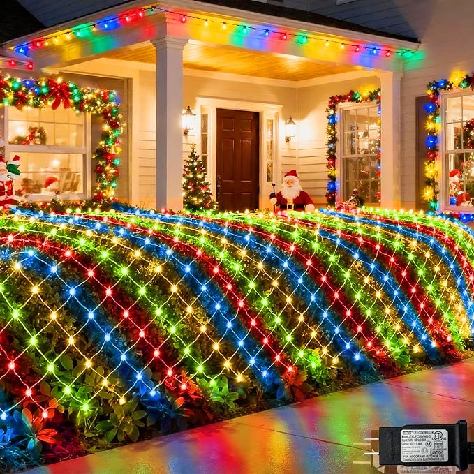 Pooqla Colorful Net Lights, 15x 5ft Christmas Lights Outdoor Green Wire | 300 LED Large Net Mesh Lights Plug in, 8 Modes Waterproof Connectable Multicolor Bushes Lights for Christmas Hedge Yard Decor