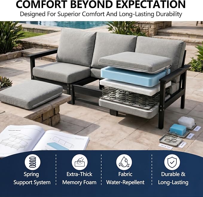 Outdoor Patio Furniture Set, Modular HDPE Conversation Set with 3-Seater Sofa, Loveseat, Armchairs & Large Coffee Table, All-Weather Patio Seating with Cushions