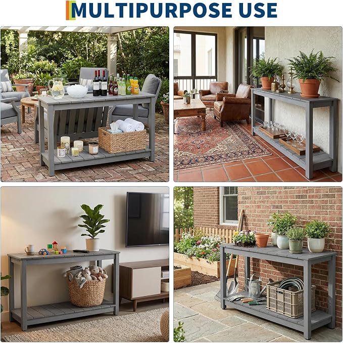 Garvee 48-Inch Outdoor Console Table - 2-Shelf Weatherproof Patio Buffet Table with Adjustable Feet, All-Weather Entryway & Bar Table for Patio, Porch, Backyard