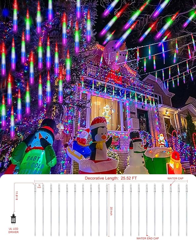 Christmas Rain Lights 12 Modes Automatic Changing 20" 20 Tubes | Waterproof Meteor Shower Light Cascading Rain Lights Outdoor Xmas Decor for House, Yard, Wedding, Party