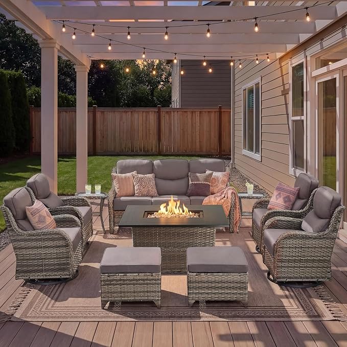 Luxury Patio Furniture Set with Fire Pit Table-10 Pieces All Weather Outdoor Swivel Rocker Chairs with Sofa and Ottomans. Outdoors Patio Conversation Sets for Porch Deck Garden(Grey/Grey)
