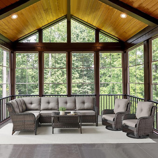 Belord Patio Furniture Set 6 Seats, Outdoor Swivel Rocker Patio Chairs, Oversized Outdoor Sectional Couch, Two 3-Seater Sofas with Coffee Table, Ideal for Porch, Deck, Brown Wicker/Gray