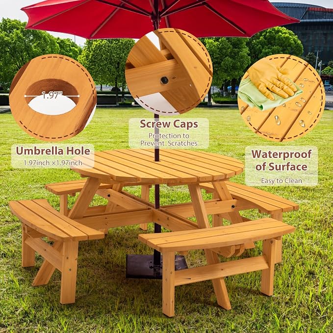 8-Person Round Wooden Picnic Table with Seat, Outdoor Camping Dining Table with 4 Built-in Benches, Natural