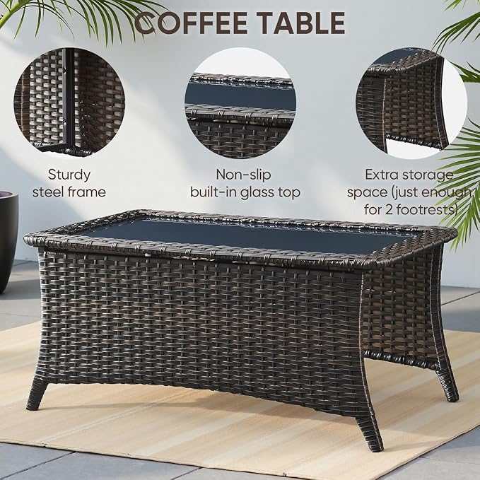 Swivel Patio Chairs sofa Set of 6 with 6" Thick Cushion - Wicker Outdoor Swivel Rocker Patio Chair ,Sofa/Glass coffee table, High Back Comfortable Outdoor Glider Chairs - Gery Wicker Blue Cushions