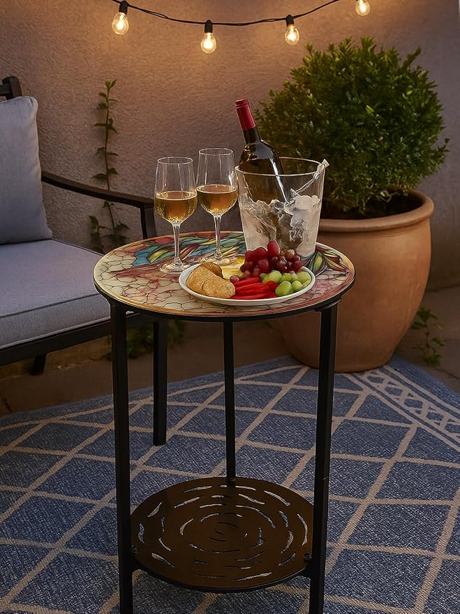 2 Packs Two-Tier Metal Round Side Table Set of Two Black Accent Coffee Tables Small Space Corner Plant Stand Shelf for Indoor Outdoor Use Patio Balcony End Table Weather-Resistant