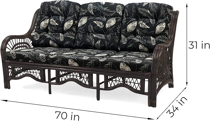 Malibu Lounge Set of 4: 2 Natural Rattan Wicker Chairs, Three-Seater Sofa and Coffee Table with Glass Handmade, Dark Brown Color with Black Leaf Cushions
