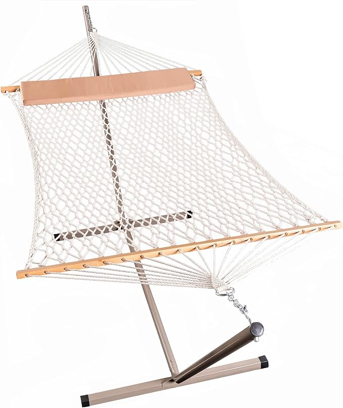 Lazy Daze Hammocks Double Rope Hammock with Stand Include, 12 Feet Traditional Cotton Rope with Pillow for Outside, Backyard, Patio, Garden, Tan Pillow